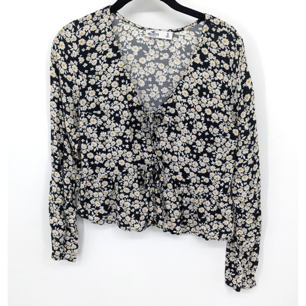 Hollister Blouse Womens S Black Floral Long Sleeve‎ Tie Front Ditsy Y2K 90s Top